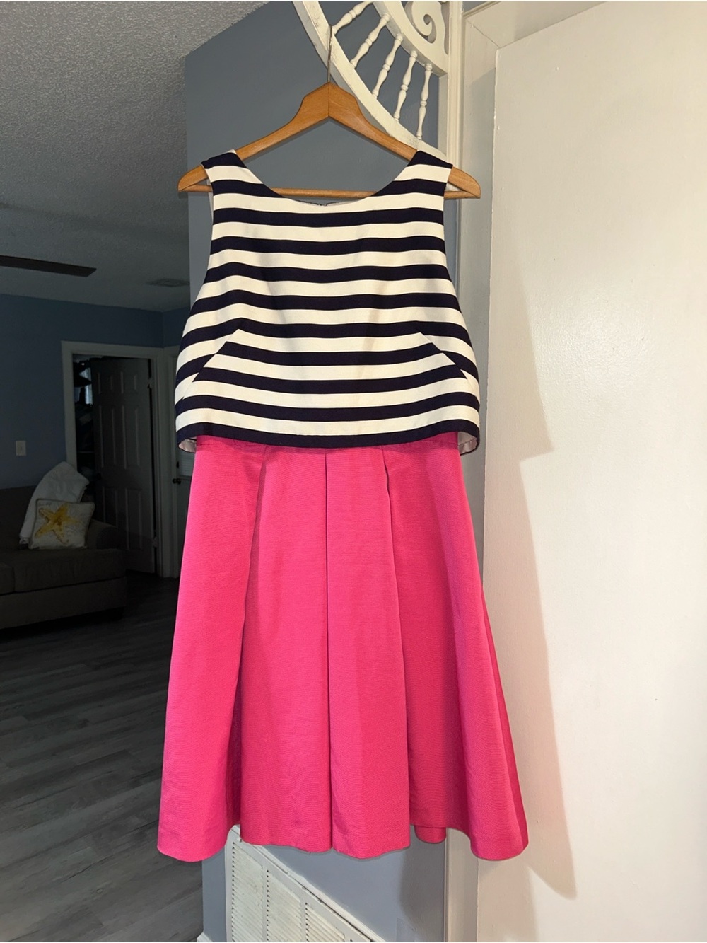 Eliza J Navy White Striped Bodice Solid Pink Pleated Skirt Dress Pockets Sz 14